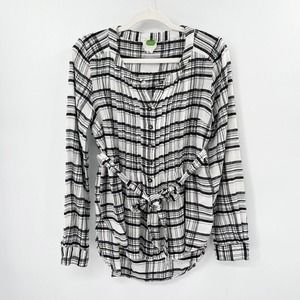 Anthropologie Plaid Belted Top Button Down Size 2P Black‎ White Tie Waist Wool